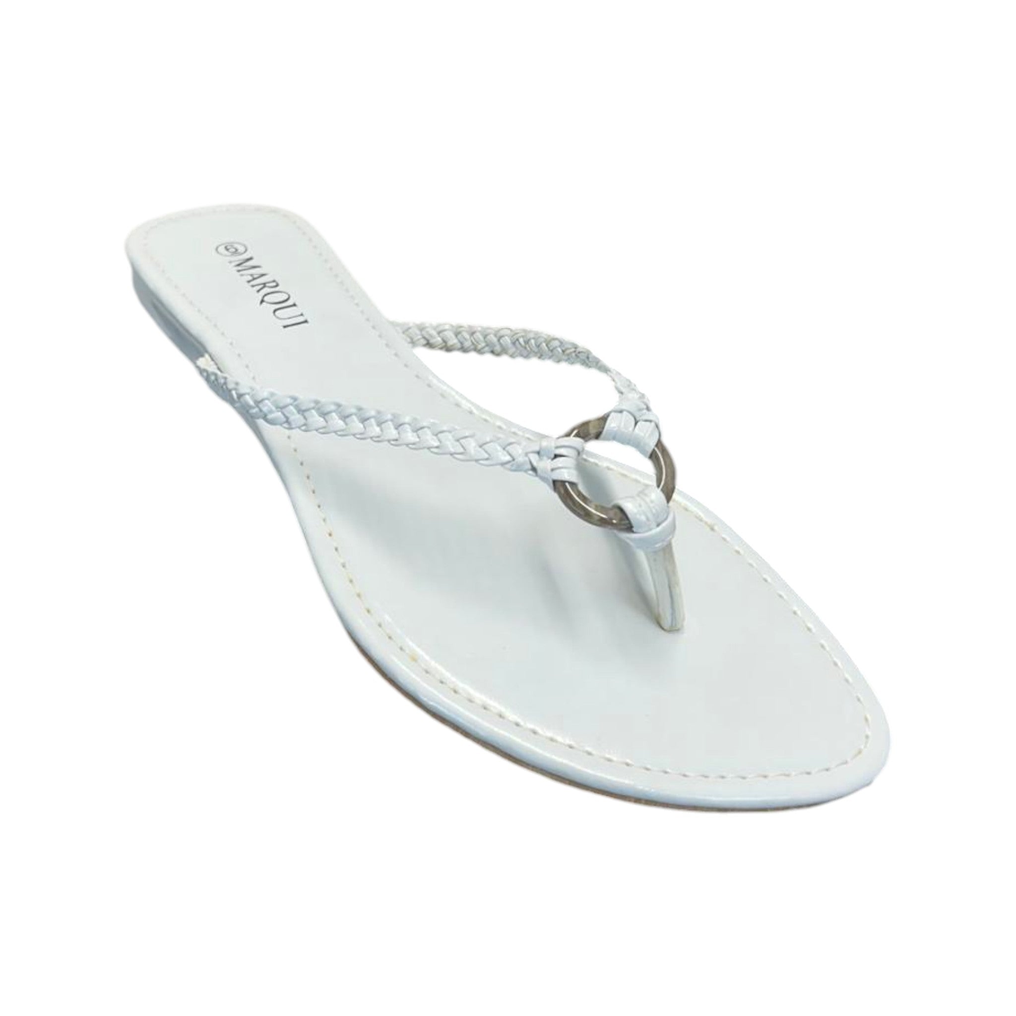 Women's white braided thong sandal by Marqui with metal ring detail – flat summer slip-on beach footwear